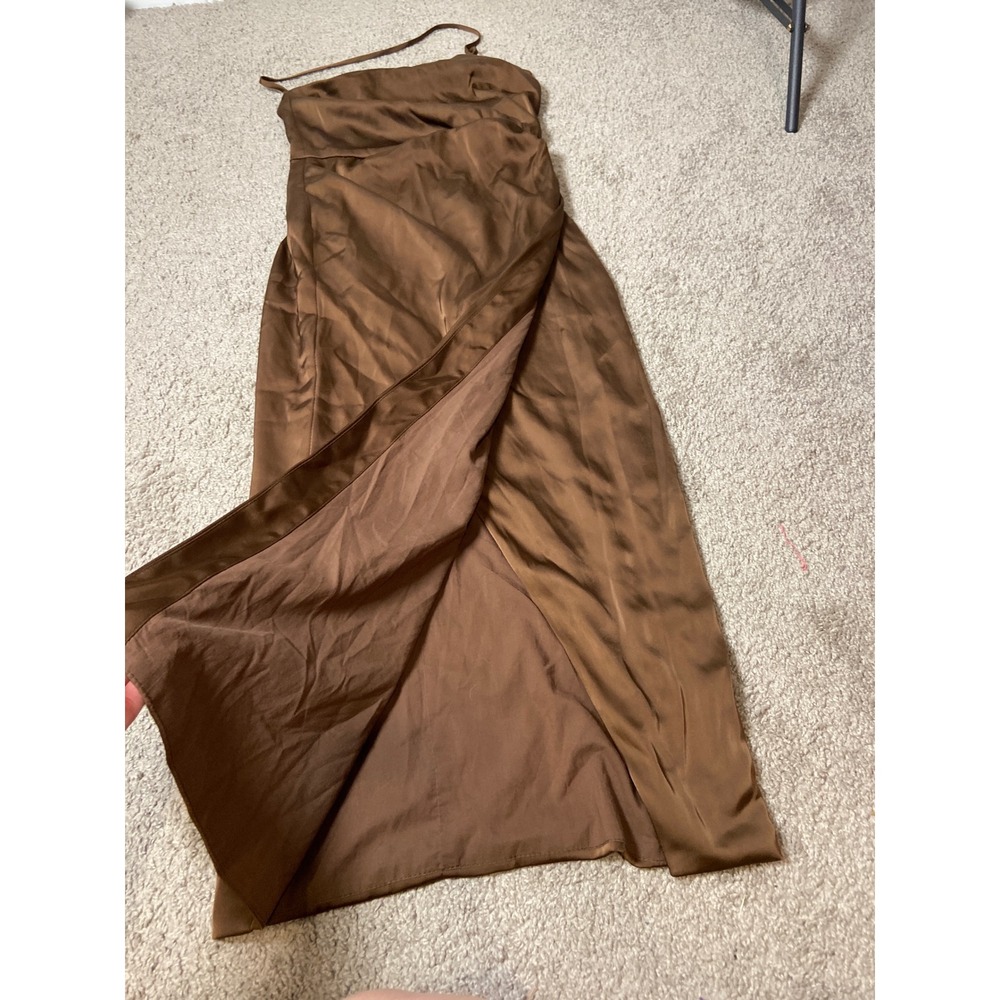 Contenta Brown Satin One Shoulder Midi Dress Ruched Bodycon XS - Picture 11 of 12
